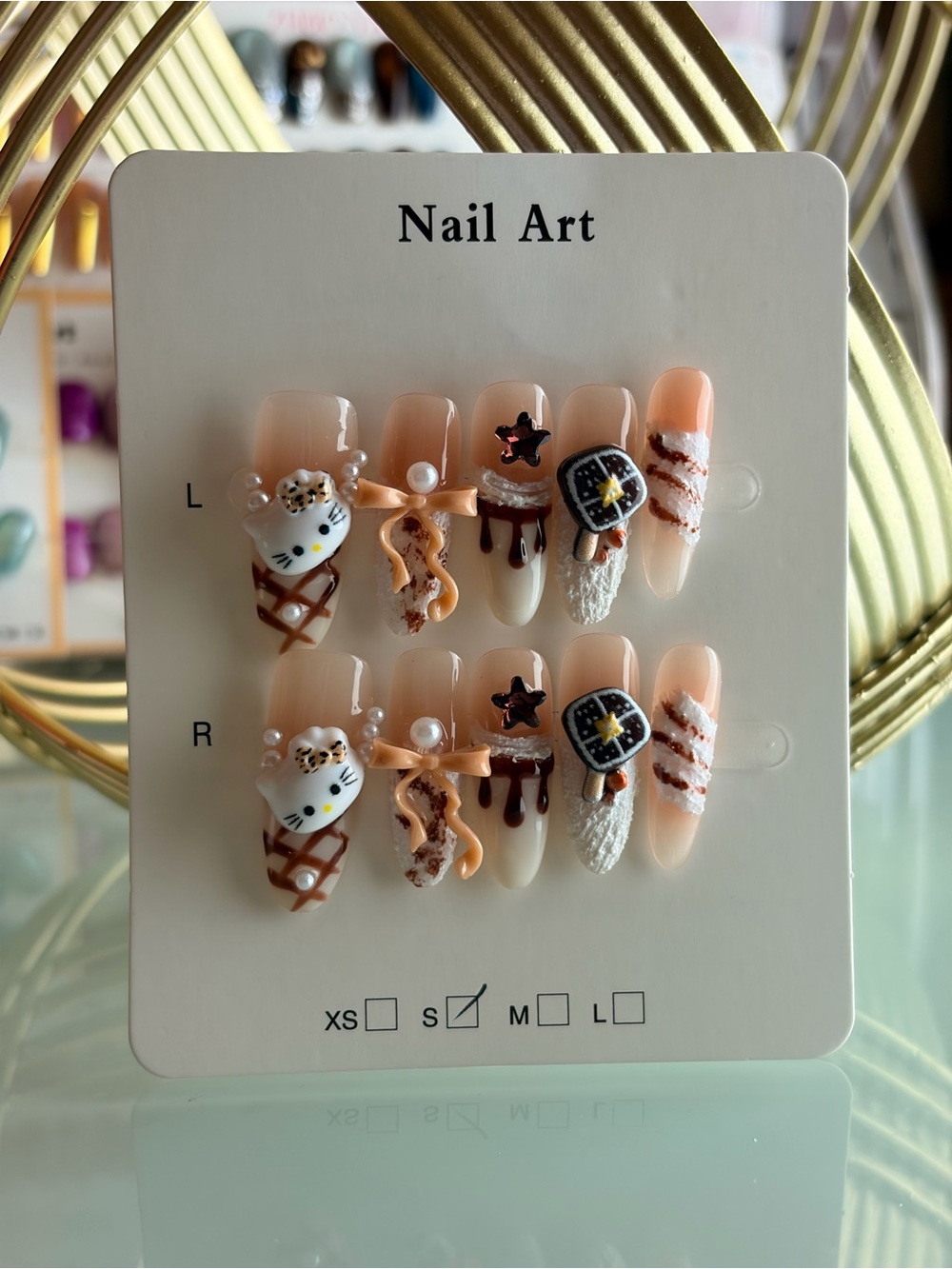 Cute Beige & Brown Cartoon Cat Press-On Nail Set small